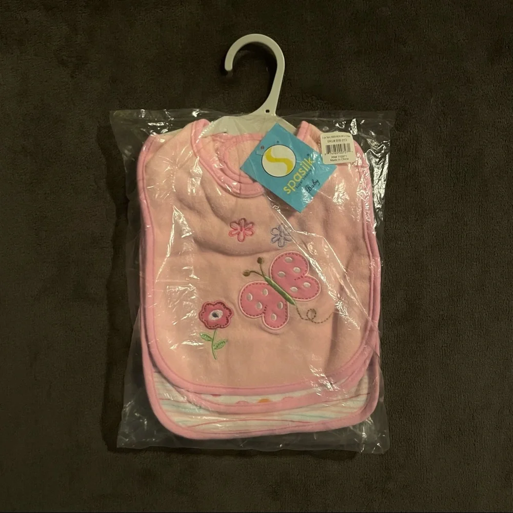 Spasilk 3 Pack Unisex-Baby Newborn Cotton Terry Feeder Bibs, Pink Butterfly 2